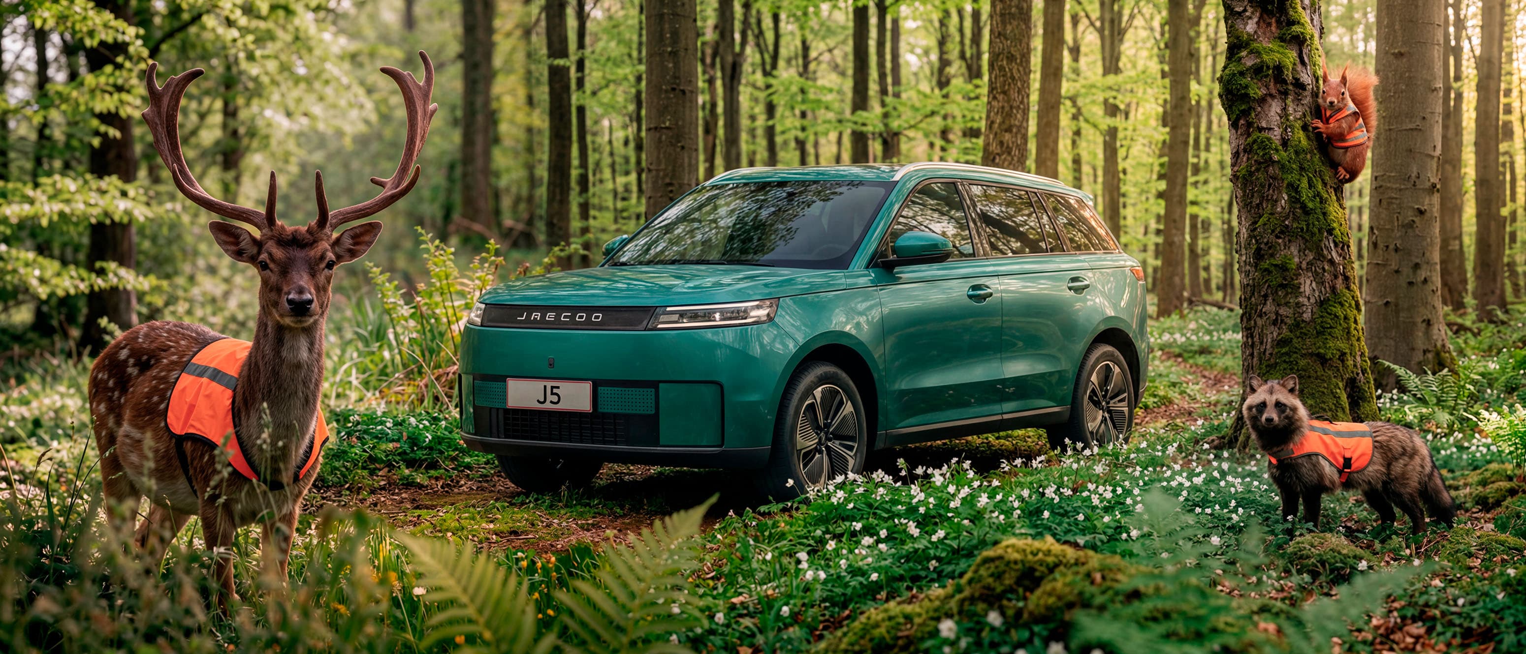 JAECOO J5 i farven Green der holder i en skov med dyr med reflex-veste på