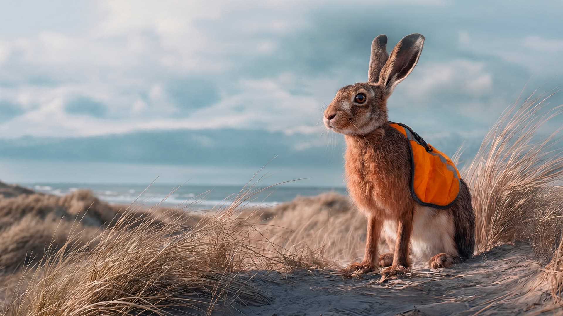 En hare står ved vandet med en orange refleksvest på
